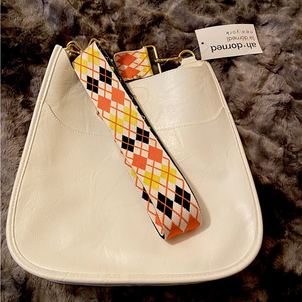 lAhdorned crossbody bag White Vegan Leather - orange harlequin guitar strap
